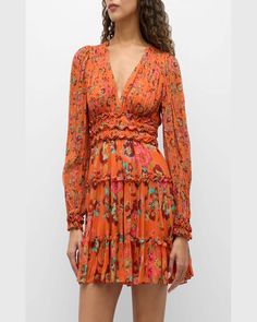 "Find ULLA JOHNSON Lya Floral Silk Tiered V-neck Mini Dress on Editorialist. Ulla Johnson \"Lya\" chiffon dress with signature doubleedged ruffles V neckline Long puff sleeves; elastic cuffs Mini length Fit amp; flare silhouette Slipover style Silk Lining: Polyester Dry clean Imported" Orange Floral Print Mini Dress With V-neck, Orange Floral Print V-neck Mini Dress, Tiered Dresses, Purple Mini Dresses, Womens Cocktail Dresses, Embroidered Neckline, Silk Mini Dress, Satin Mini Dress, Long Puff Sleeves