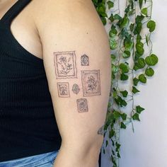 a woman with a tattoo on her arm that has four pictures and flowers in them