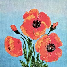 an acrylic painting of three orange poppies in a vase on a blue background