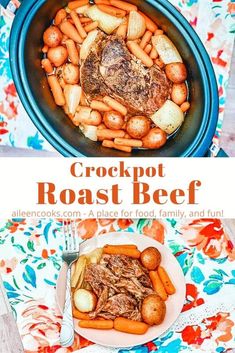 crockpot roast beef with carrots and potatoes in a slow cooker on a floral table cloth