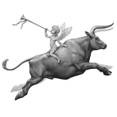 a black and white drawing of a bull with an angel on it's back