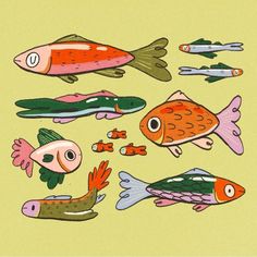 an image of colorful fish on yellow background