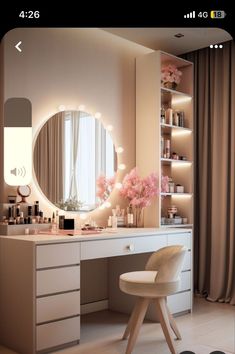 a vanity with a mirror, stool and flowers on it in a room that has curtains