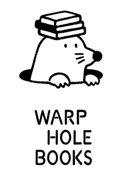 a black and white drawing of a bear with books on it's head that says warp hole books