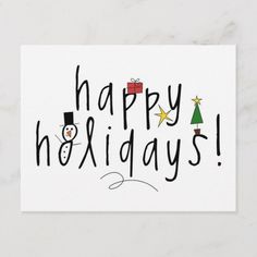 a white card with the words happy holidays written in black on it and a christmas tree