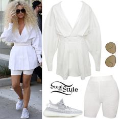 House of CB Amber White Oversized Shirt Dress (£99.00), The Naked Wardrobe Shorts ($46.00 – set), Porsche Design P8478 Sunglasses ($285.69) and Adidas x Yeezy Boost 350 V2 Sneakers ($545.00). Khloe Kardashian House, White Oversized Shirt, Khloe K, Oversized Shirt Dress, Naked Wardrobe, Yeezy Boost 350 V2, Porsche Design, 350 V2