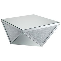 a mirrored table with silver glitter on the top and one corner at the bottom,