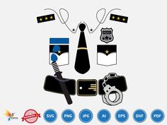 the silhouettes of different items are shown in this graphic file, including a tie, handcuffs and police badge