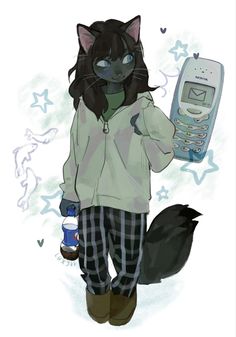 a black cat is holding a cell phone and a cup in its paws while wearing pajamas