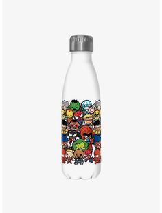 a water bottle with an image of cartoon characters on the front and back side, in white