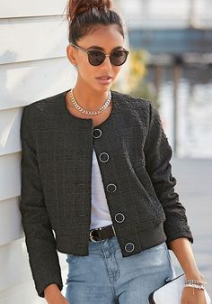 Go for an elegant look in this classy tweed-style jacket. Long Sleeve Jean Jacket, Chanel Style Jacket, Bra Fitting Guide, Tweed Blazer, Tweed Jacket, Outerwear Jackets, Solid Black, Round Neckline, Women Long Sleeve