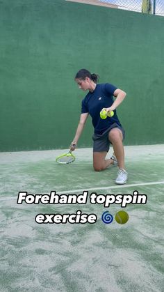 a woman holding two tennis racquets on top of a tennis court with the words forehand topspin exercise