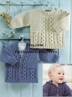 the knitting pattern for this baby's cardigan and sweater