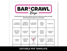 the editable printable bar crawl game is shown in black, white and pink