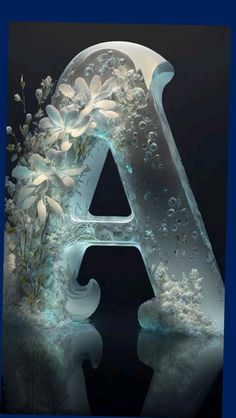 the letter a is made up of flowers and water droplets on a black background with reflection