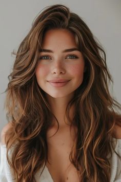 Smiling woman with tousled brunette hair and freckles, wearing a white knitted top. Hairstyles For Naturally Straight Hair, Summer Hair Color For Brunettes Balayage, Warm Summer Brunette Hair, Sunny Brunette, Spring Brunette Hair Color Balayage, Summer Balayage Brunette Sun Kissed, Brown Hair Warm Highlights, Sunkissed Brunette Balayage, Sandy Brown Hair With Highlights