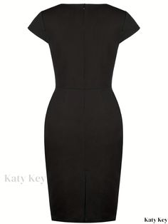 Katykey - Exquisite Vintage Bodycon Dress with Contrast Trim and Button Decor - Sophisticated Short Sleeve Womens Clothing Classic Dresses For Work With Button Back, Fitted Dress With Button Back For Work, Classic Dresses For Workwear With Button Back, Classic Button Back Dress For Work, Classic Workwear Dress With Button Back, Elegant Knee-length Dress With Button Back, Black Button-back Dress For Work, Black Workwear Dress With Button Back, Black Work Dress With Button Back