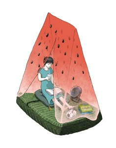 a woman sitting on top of a piece of grass next to a watermelon