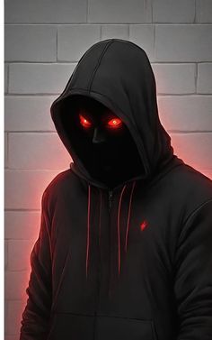 a person wearing a black hooded jacket with red eyes in front of a brick wall