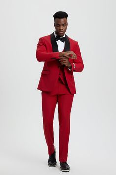 This one button tuxedo by Stacy Adams features a wide black satin shawl lapel, matching pants and vest. This comes in a hybrid fit (Sizes 34-44 = Slim Fit | Sizes 46+ = Modern Fit) Red Tuxedo Three-piece Suit For Party, Red Tuxedo Style Three-piece Suit For Party, Red Tuxedo Three-piece Party Suit, Elegant Tailored Red Tuxedo, Red Blazer With Suit Collar For Evening, Red Evening Blazer With Suit Collar, Elegant Red Fitted Tuxedo, Red Evening Blazer, Red Fitted Tuxedo For Wedding