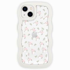 an iphone case with pink flowers and leaves on the front, in white plastic material