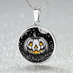 Jack O Lantern Necklace, a personalized Halloween jewelry piece, offers an 18K Gold option and features a unique Pumpkin Charm Pendant. This Jackolantern is the perfect gift for her or him, adding a festive touch to any outfit. ➜ Our Jack O Lantern Jewelry is made of high quality surgical steel with a graphic image that's printed directly onto the steel surface with a shatterproof liquid glass coating and includes an 18k gold finish option. ➜ Our Engraved Jack O Lantern Pendant Necklaces are per Sterling Silver Necklaces For Halloween Gift, Personalized Halloween Jewelry Gift, Orange Necklace For Halloween Gift, Spooky Nickel-free Jewelry For Gifts, Spooky Nickel-free Jewelry Gift, Halloween Themed Personalized Jewelry, Spooky Orange Jewelry Gift, White Halloween Necklace Gift, Spooky Orange Jewelry For Gifts