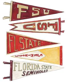 four florida state pennants are shown in red, yellow and white