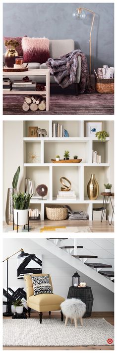 two different shots of a living room with furniture and bookshelves in the background