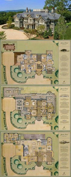 an architectural plan for a large house with lots of rooms and bathrooms on each floor