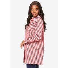 This classic is relaxed and lightly tailored with a button front, collar and long sleeves. Wear over skinny jeans or leggings. Straight hem with side slits Shipt Shopper, Big Shirt, Coral Red, Color Coral, Red Stripe, Tunic Shirt, Online Purchase, Sleeve Styles, Fitness Fashion