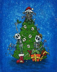 a painting of a christmas tree with skeletons around it