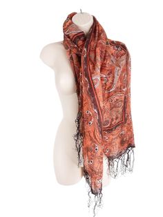 Vintage women's bohemian orange and brown paisley patterned square shawl scarf featuring fringed hem detailing.  * Brand:  None  * Made in:  Not known  * Material:  Not stated as material label has been removed but it might be acrylic  * Measurements (Inches):  Width - 44.5" Length from nape of neck to hem of shawl - 44.5" * Condition: Excellent vintage condition! Brown Paisley, Nape Of Neck, Wrap Shawl, Patterned Scarves, Shawl Scarf, Vintage Orange, Neck Scarf, Tassel Fringe, Paisley Pattern