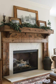 40 Rustic Wood Mantel Inspirations for Charming Spaces Diy Fireplace Hearth Ideas, Rustic Wood Fireplace, Mantel With Storage, Farmhouse Fireplace Ideas Rustic, Fake Mantle Ideas, Rustic Fireplace Mantle, Wooden Fireplace Surround, Reclaimed Wood Fireplace, Wood Mantle Fireplace