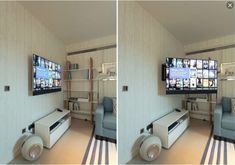 two pictures of a flat screen tv mounted on a wall in a room with striped carpet