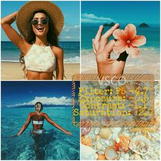 a collage of photos with a woman in the water and shells on the beach