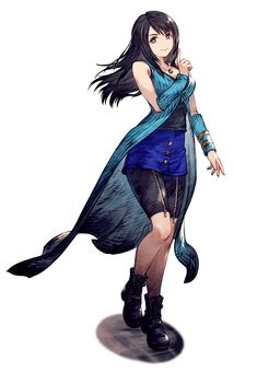 an anime character with long black hair wearing a blue dress and holding her hand on her hip