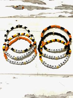 Halloween Bracelets/ Pumpkin Spice/Fall/Spooky bracelets/Wicked bracelets/Boo Bracelets/Halloween jewelry Novelty Black Beaded Bracelets For Halloween, Halloween Novelty Black Bracelets, Black Themed Bracelet For Halloween, Halloween Themed Black Bracelet, Black Halloween Themed Bracelet, Halloween Novelty Bracelets Personalized, Novelty Personalized Halloween Bracelets, Spooky Adjustable Bracelets For Halloween, Halloween Novelty Orange Bracelets