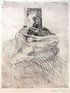 a drawing of a man sitting in a chair with his arms folded over his head