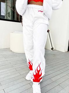 white sweatpants with red flames flamesCheck out the shop for more color options (pink, light blue, red, white, black)For any customizations, colors or sizing please feel free to message White Flames, Trendy Sweatpants, Cute Sweats, Red Flames, Red Sweatpants, Cute Sweatpants, White Sweatpants, Black Sweats, Sweatpants Outfit