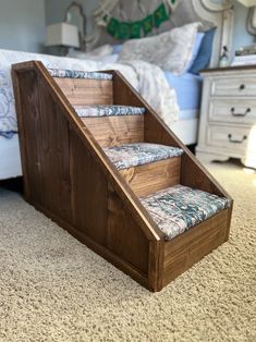 This beautiful 4 step pet stair is perfect for your furry friend who just can't seem to get to where they want to go! Great for reaching beds, couches and any other comfy sleeping/resting spot. It can even be placed parallel to the bed / couch to give your pet an added sense of security on one side.

This piece is perfect for the animal lover who needs pet stairs that are also esthetically pleasing!

24 in tall x 32 in long x 13 1/4 in wide. Wood Dog Stairs For Bed, Diy Pet Steps For Bed, Bed Steps For High Beds, Steps For Dogs