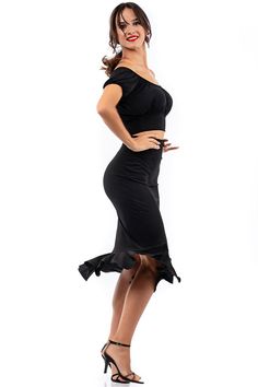 Latin dance skirt, Argentine Tango skirt, Playful ruffle hem skirt, Bodycon mermaid tail skirt, Salsa show skirt, Milonga performance skirt  Monochrome Tango Pencil Skirt With Ruffles An elegant design for argentine tango dancing and everyday looks. It is made of fine stretch jersey. This skirt features a close-fitting silhouette that elegantly hugs your hips and defines your curves. The ruffle at the hem creates a playful look and adds volume to your movements.014 Complete your look with a mexican style ruffled off-the-shoulder crop top : https://www.etsy.com/listing/1277661230/argentine-tango-crop-top-monochrome-airy Product code : SJ193 The model is 1.70 m (5'7'') tall and wears size S. Find your size below : SIZE CHART IN CENTIMETERS : XS: BUST: 82, WAIST: 65, HIPS: 86.5 S: BUST: 87, W Summer Ruffled Fitted Skirt Set, Fitted Ruffled Skirt Set For Summer, Fitted Ruffle Skirt Set For Summer, Party Maxi Skirt With Ruffle Hem, Elegant Fishtail Summer Skirt, Fitted Dresses With Ruched Long Skirt, Fitted Long Dress With Ruched Detail, Elegant Fitted Skirt With Mermaid Hem, Fitted Mermaid Hem Skirt For Summer