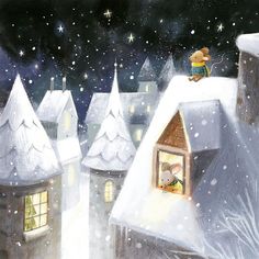 a painting of a mouse on top of a house with snow falling down the roof