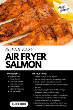 an advertisement for air fryer salmon with lemons on the side and other ingredients