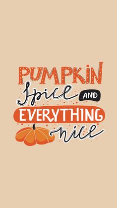 the words pumpkin spice and everything nice are written in black ink on an orange background