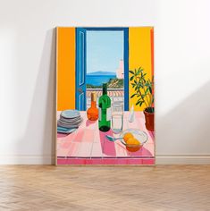 a painting on the wall of a dining room