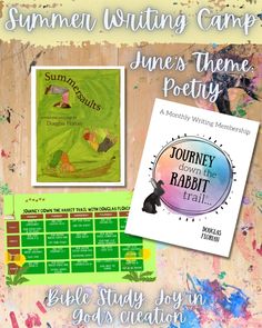 the summer writing camp poster is shown with an image of a book and some other items