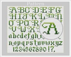 a cross stitch pattern with the letters and numbers in green, white and grey colors