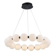 a chandelier with eight white balls hanging from it's black metal frame