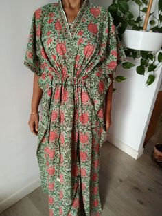 Cotton kaftan Green Bohemian Kaftan With Floral Print, Green Block Print Maxi Dress For Vacation, Green Short-sleeved Bohemian Kaftan, Bohemian Green Kaftan With Kimono Sleeves, Cotton Dresses With Kimono Sleeves, Green Short Sleeve Bohemian Kaftan, Green Bohemian Kaftan With Short Sleeves, Green Boho Tunic Dress, Green Floral Print Tunic Kaftan