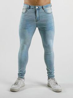 ✓ Versatile Skinny Fit - A perfectly fitted look from waist to ankle with no saggy areas on slim guys, with stretch to accommodate larger muscular thighs, glutes and calf muscles. ✓ Ultra-Stretch Denim - Luxurious denim elastane blend to give a flexible waist and leg fit, plus full freedom to move with comfort qualities more like activewear. ✓ Stylish Jeans - Understated design, with a satisfying real denim weight, for a classy modern look in Light Blue washed to ice blue tones across the thighs Fitted Full-length Denim Blue Bottoms, Slim Fit Full Length Denim Blue Bottoms, Denim Blue Slim Fit Full-length Bottoms, Denim Blue Slim Fit Bottoms, Denim Blue Slim Fit Full Length Bottoms, Casual Fitted Light Wash Bottoms, Fitted Denim Blue Bottoms With Standard Cut Leg, Stretch Light Wash Bottoms For Streetwear, Slim Fit Denim Blue Bottoms